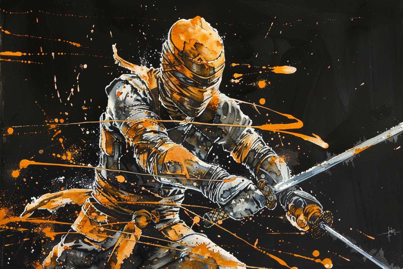 Earthy orange and silver ninja, watercolor, wet-on-wet blending, black background