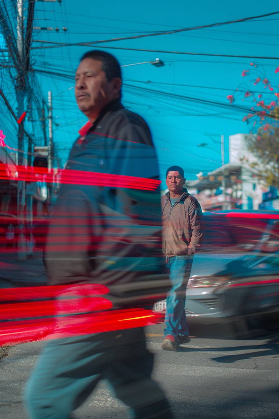 A city ambient from Latin America, blue sky, a middle-class family with a dad, a boy, a girl, and a smiling mom from Guatemala, high-detail capture Uber driver, red contouring on person, flashes, light leaks reds, long exposure movement in the background, captured with Canon EOS 5D Mark IV.