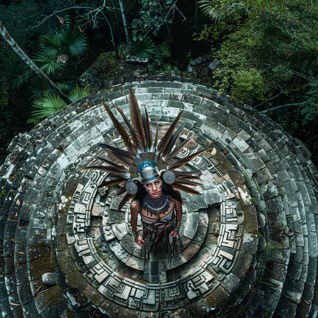 A wide-angle shot from above of an indigenous woman standing on a Mesoamerican pyramid, wearing a head scarf with many feathers resembling a natural diadem dissolving with her head, ready to strike, detailed tribal makeup, on the top of a pyramid in a dense rainforest, view from above, intense lighting, intense focus as leaves swirl around her, otherworldly creature, in the style of fantasy movies, photorealistic, shot on Hasselblad h6d-400c, Zeiss prime lens, bokeh like f/0.8, tilt-shift lens, feminine hero pose, neo-mosaic, Neo shamanism, psychedelic, psy-trance art, symmetrical balance, fantastical machines, alchemical symbols, serene faces, beautifully color coded, intricate composition, digitally enhanced, detailed wildlife.