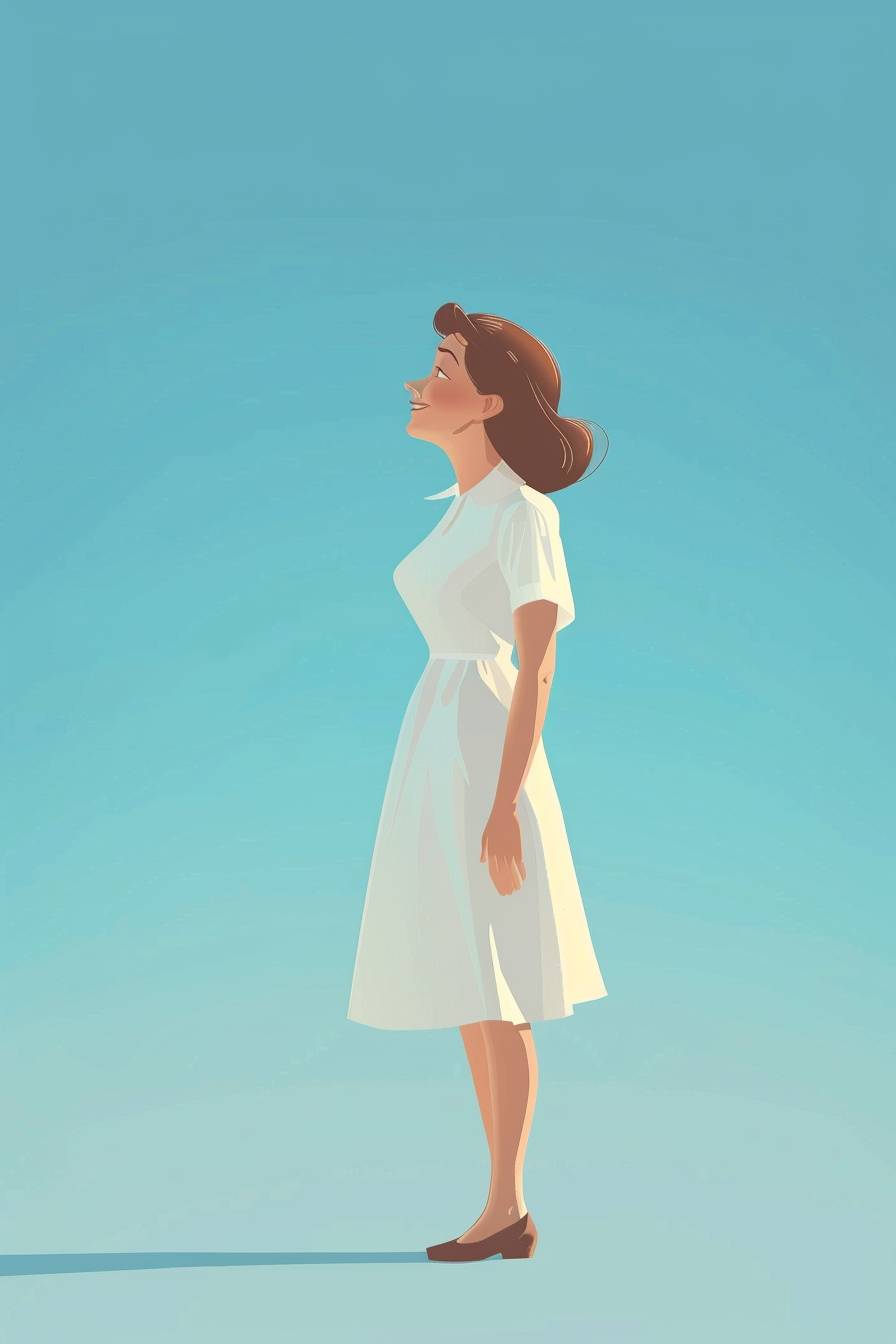 Pixarスタイルのアニメーション、シンプルなドレスを着た愛らしいお母さん、中褐色の髪、やさしい微笑みを浮かべて立っている、背景は一色のスカイブルー、全身画像、正面、育む母親スタイル。