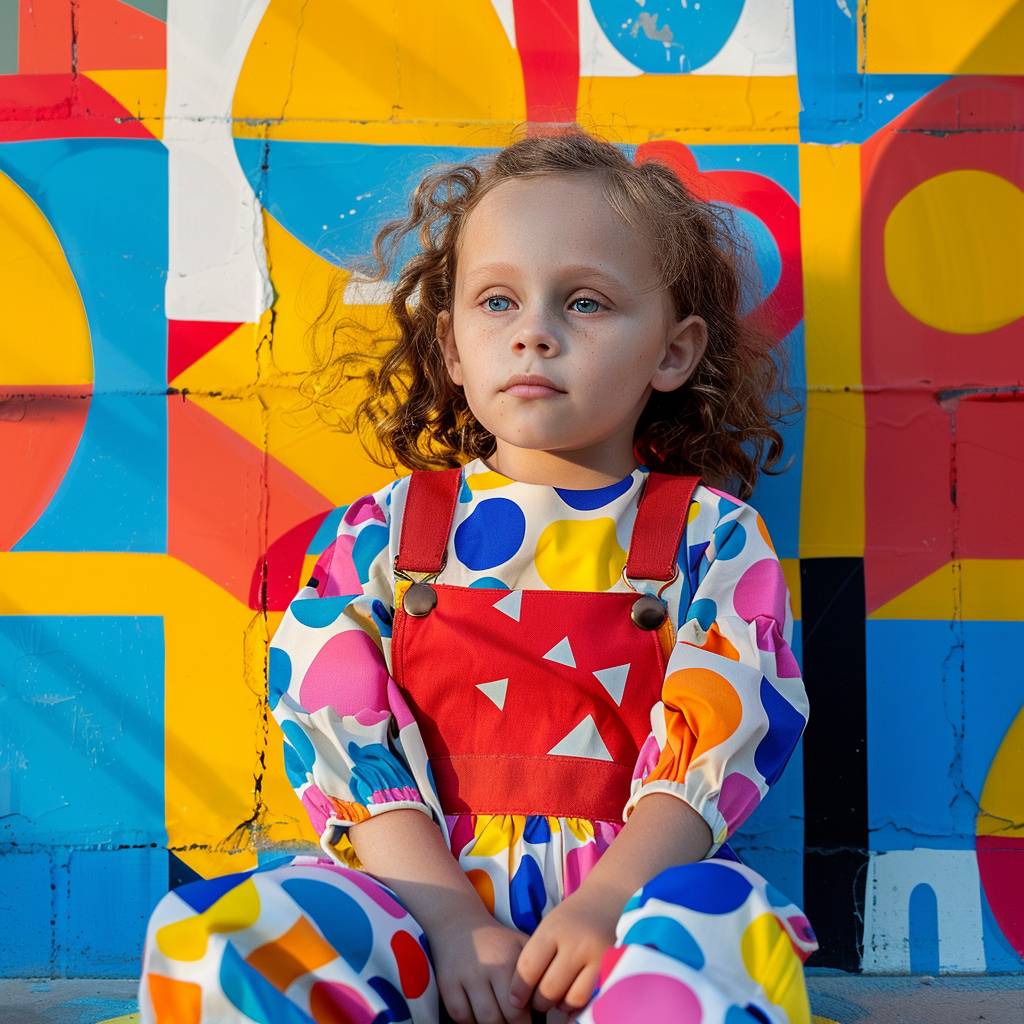 A photograph of a Child, bright and vibrant colors in the style of fashion photography, colorful background with geometry patterns