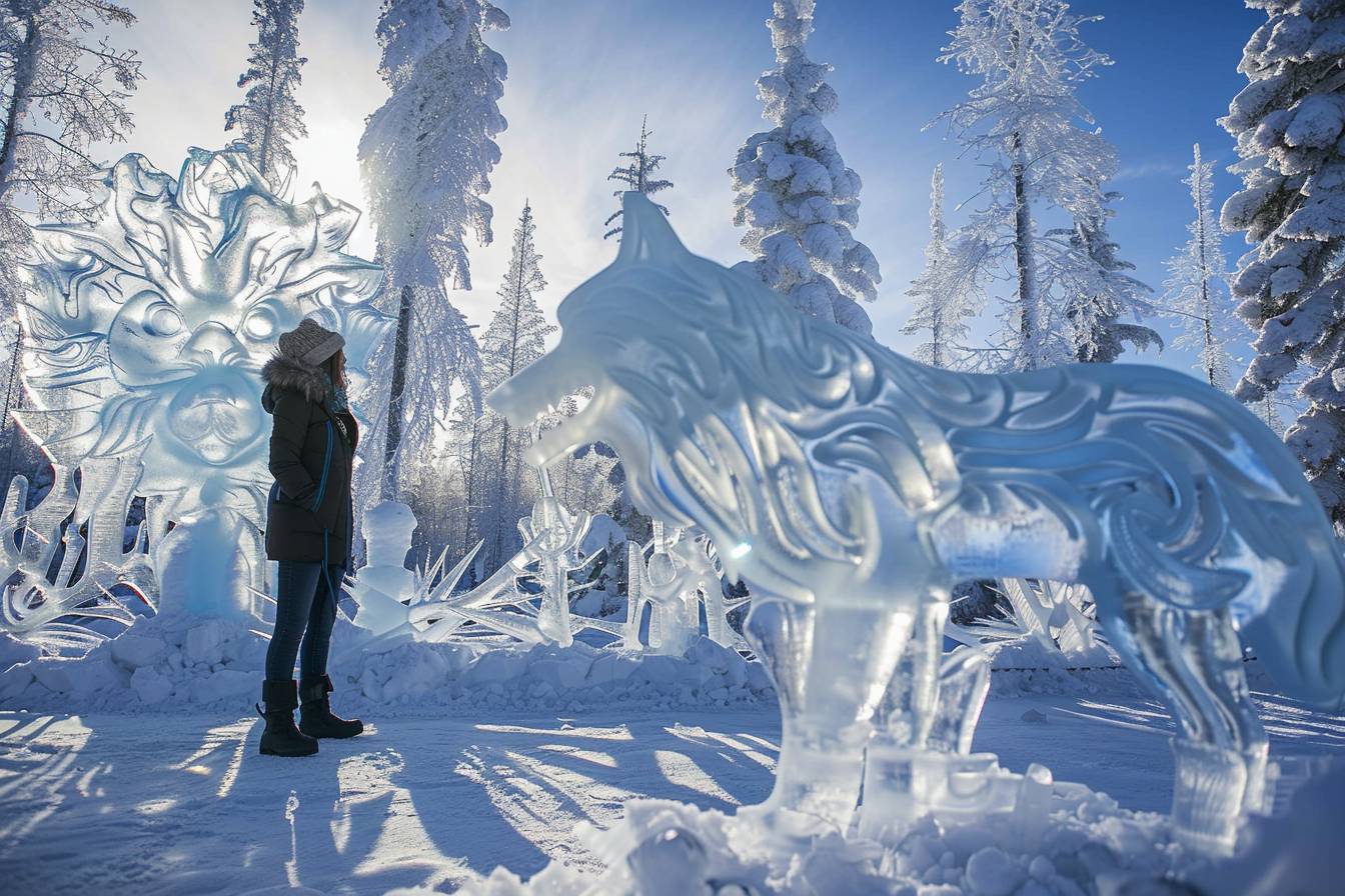 Wander through the 'Glacial Gardens' with a majestic wolf, where blue ice sculptures bloom like flowers and silver frost crystals decorate the landscape, a winter wonderland of frozen beauty.