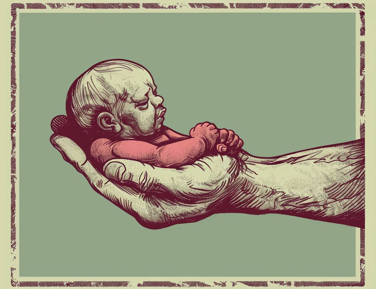 インクとペンスタイルで描かれた、R Crumbスタイルの作品の中の初期の人間の赤ちゃんが手の中に描かれているコミックパネル。淡い緑色の背景に深紅色が施されている。このキャラクターは、生活から引用されるかのように描かれており、顔の特徴や体の比率はない。一つの腕が手の中に小さな男の子を抱いている、クローズアップのショットです。