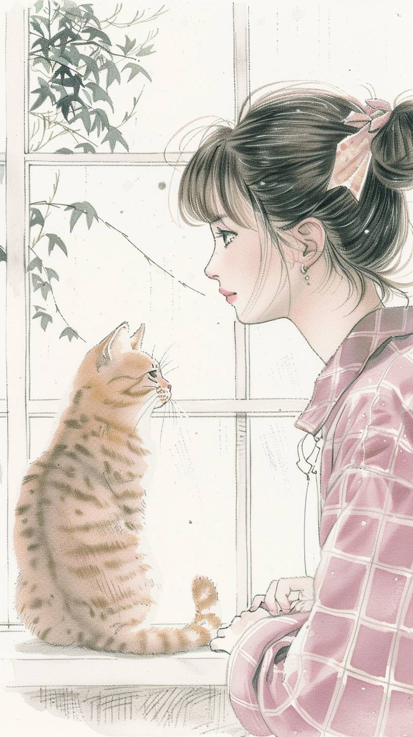 A girl with brown hair and her tabby orange cat sitting next to a window sill