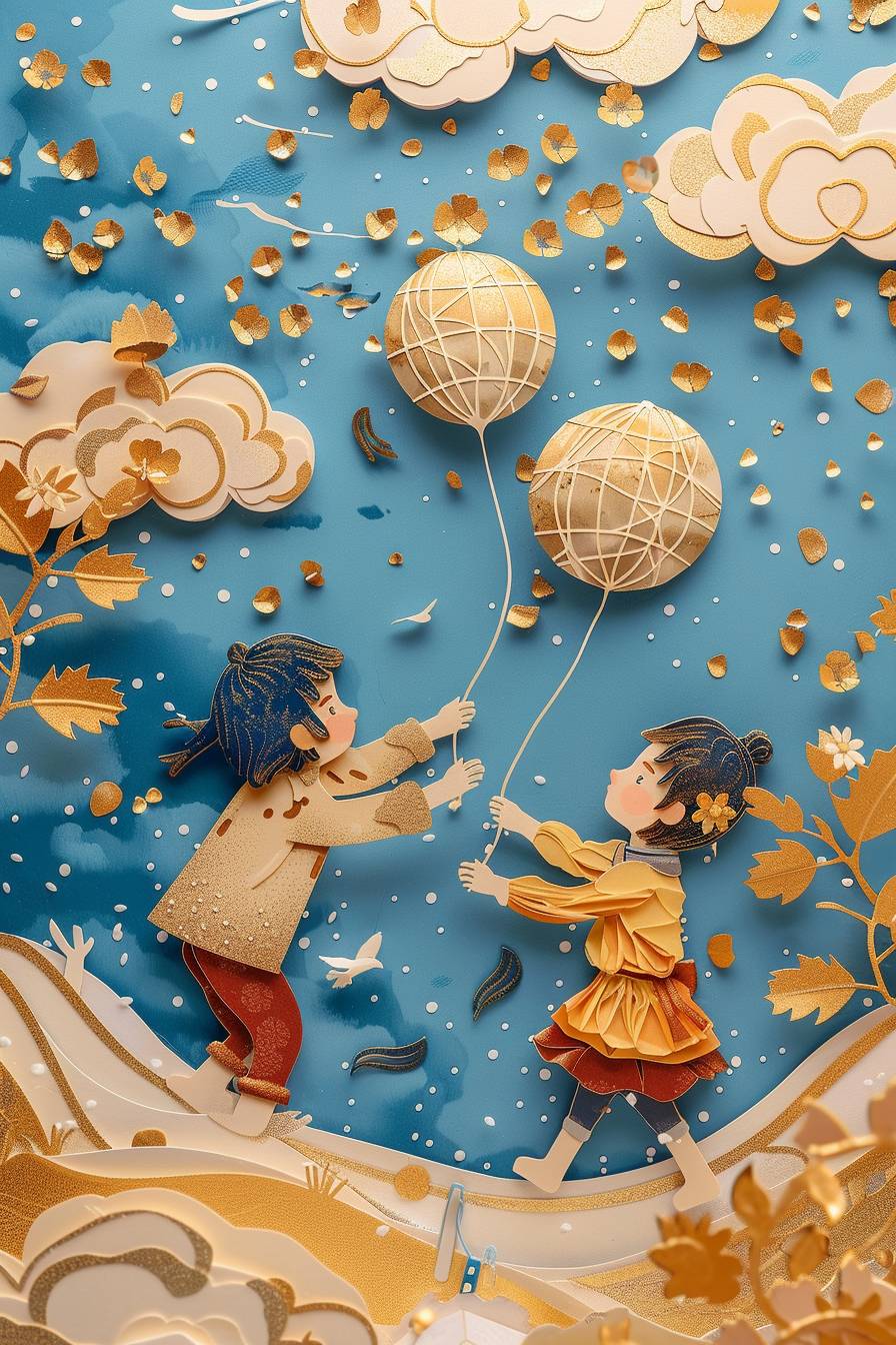 On International Children's Day, two children are playing carefree. Simple illustrations are lively, and the colors are mainly gold and blue. In summer, Paper Cuttings style has clear layers and hollow effect.