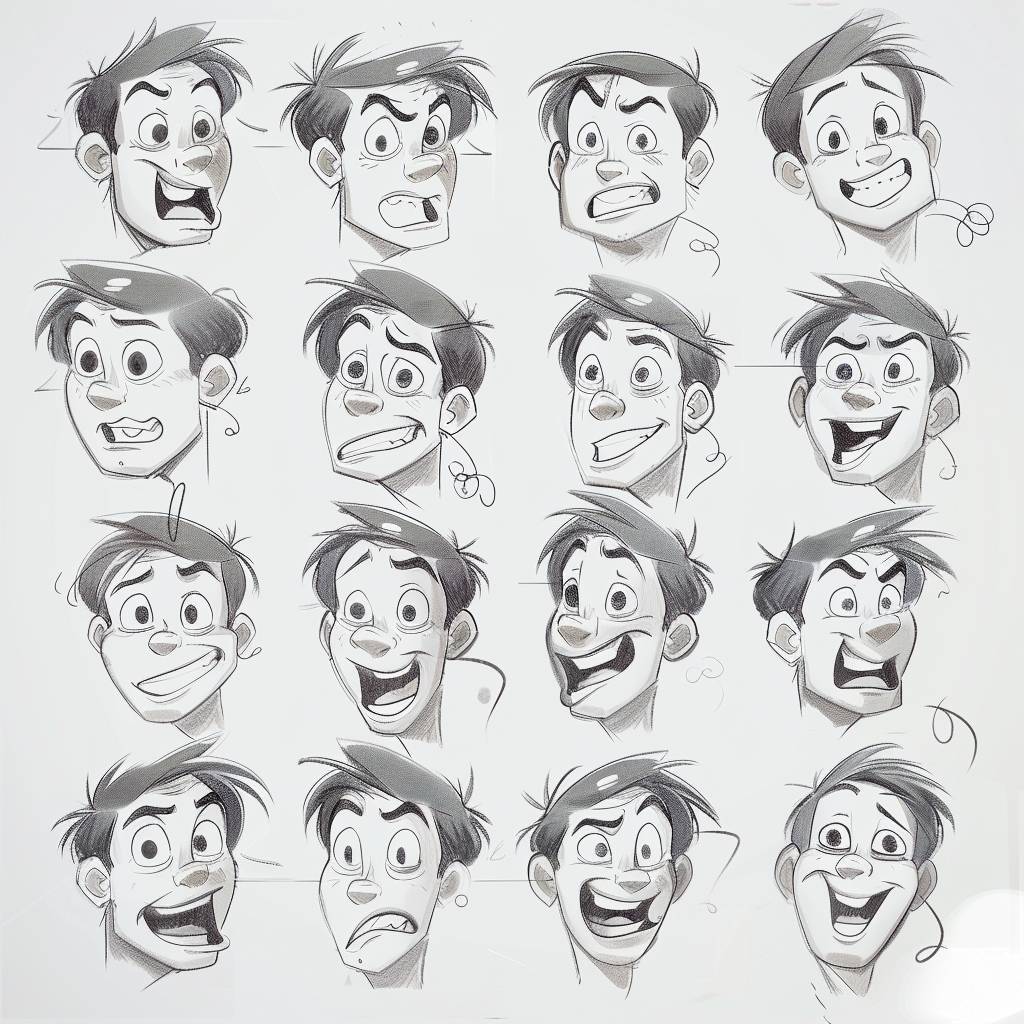 ピクサーとディズニーのスタイルで描かれた、[character description]のシンプルなスケッチで、笑顔、怒り、微笑み、幸せ、自信、落ち着いた顔など、異なる表情を示すキャラクターシート、白い背景、キャラクターデザインシート、コンセプトアートスケッチ --v 6.0