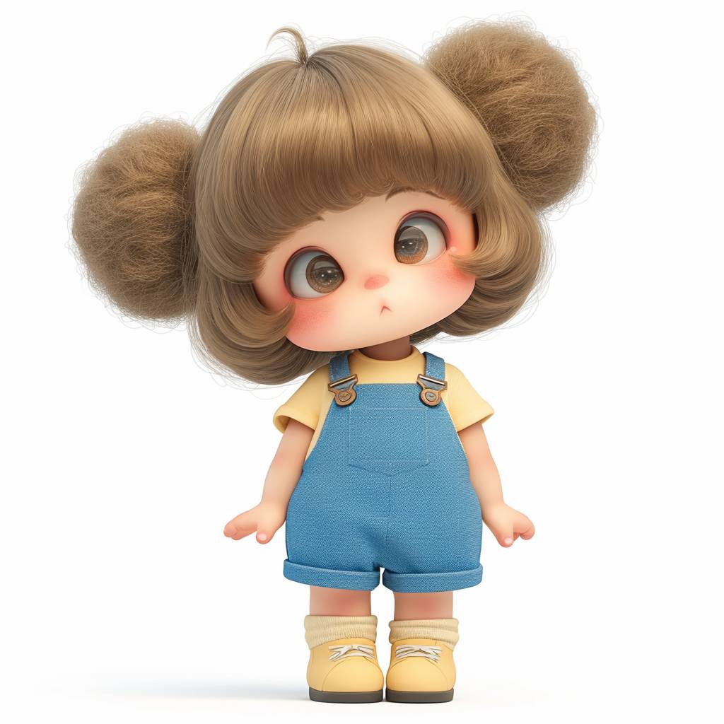 A resin toy of an adorable trendy lively baby girl. The figure is wearing furry overalls with a fine fluffy plush texture. She has eyes that resemble cartoon characters, short hair, chibi. Her head was designed to have round proportions similar to a detailed character design, cute pose. Isolated against a white background.
