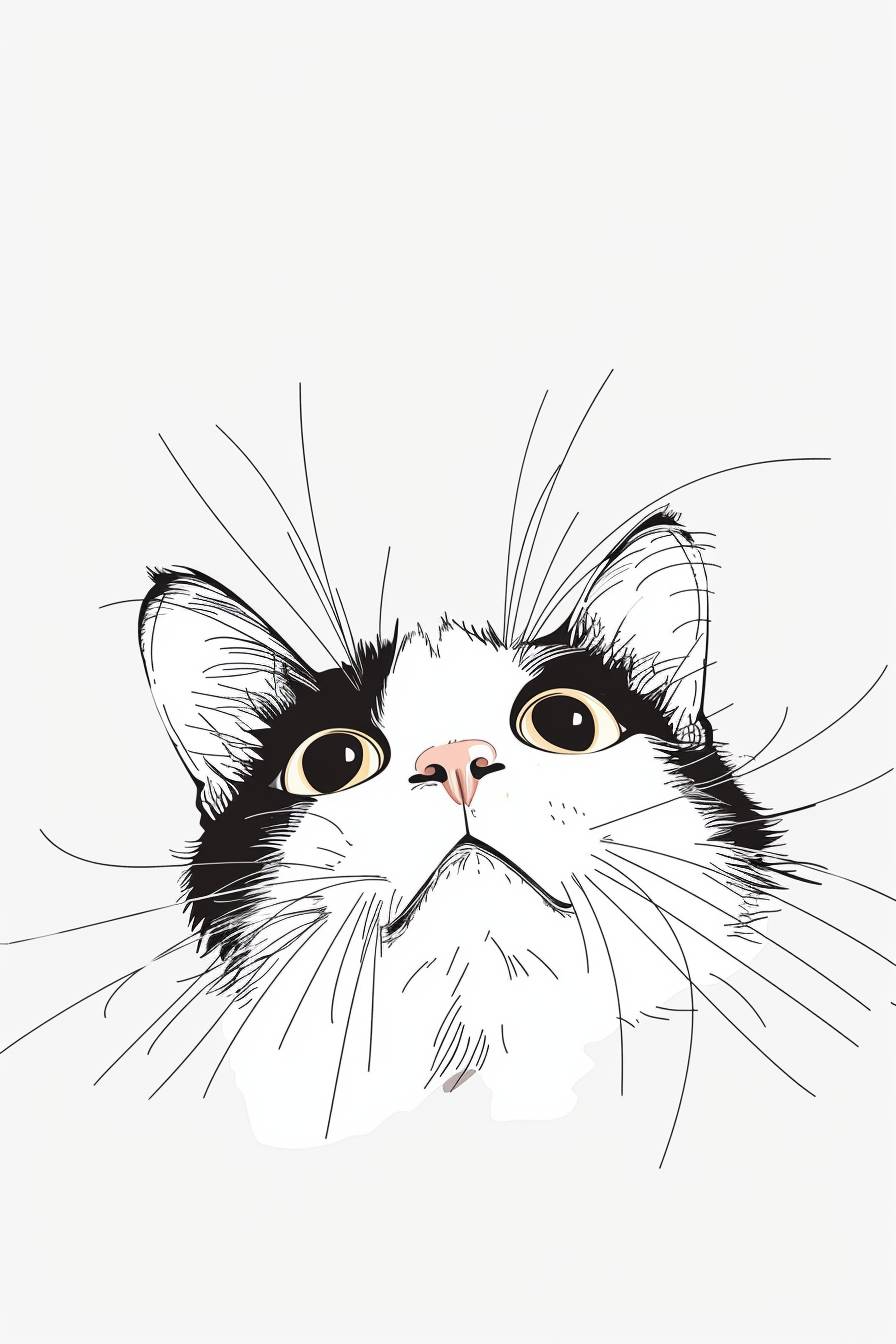 ミニマリストの猫のラインアート、ベクターグラフィック、下からのぞき見、完全な白い背景、面白い印刷