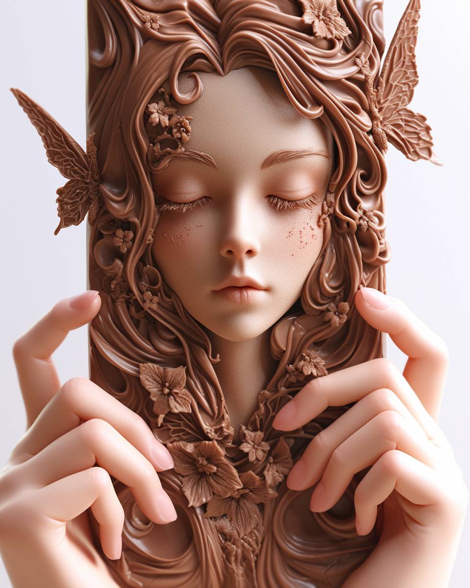 Chocolate Fairy art, chocolate portrait, dark smooth chocolate, glossy texture, chocolate replica, chocolate carving, hyper-realistic details, edible art