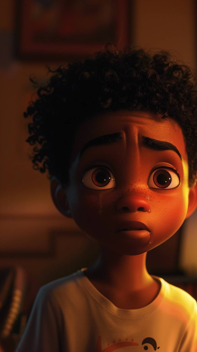 A flashback scene of the young black father in Pixar as a child looking lonely. IMAX.