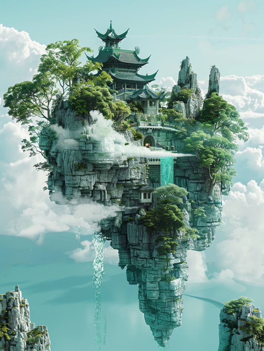 3D cyan mint green, floating island with ancient architecture and gardens in the style of Chinese style, fantasy world, fantasy forest, floating in the air in a fantasy style, blender rendering, c4d rendering, clean background, white clouds and water flow, rendered in the style of octane render, high resolution, hyper quality, high detail.