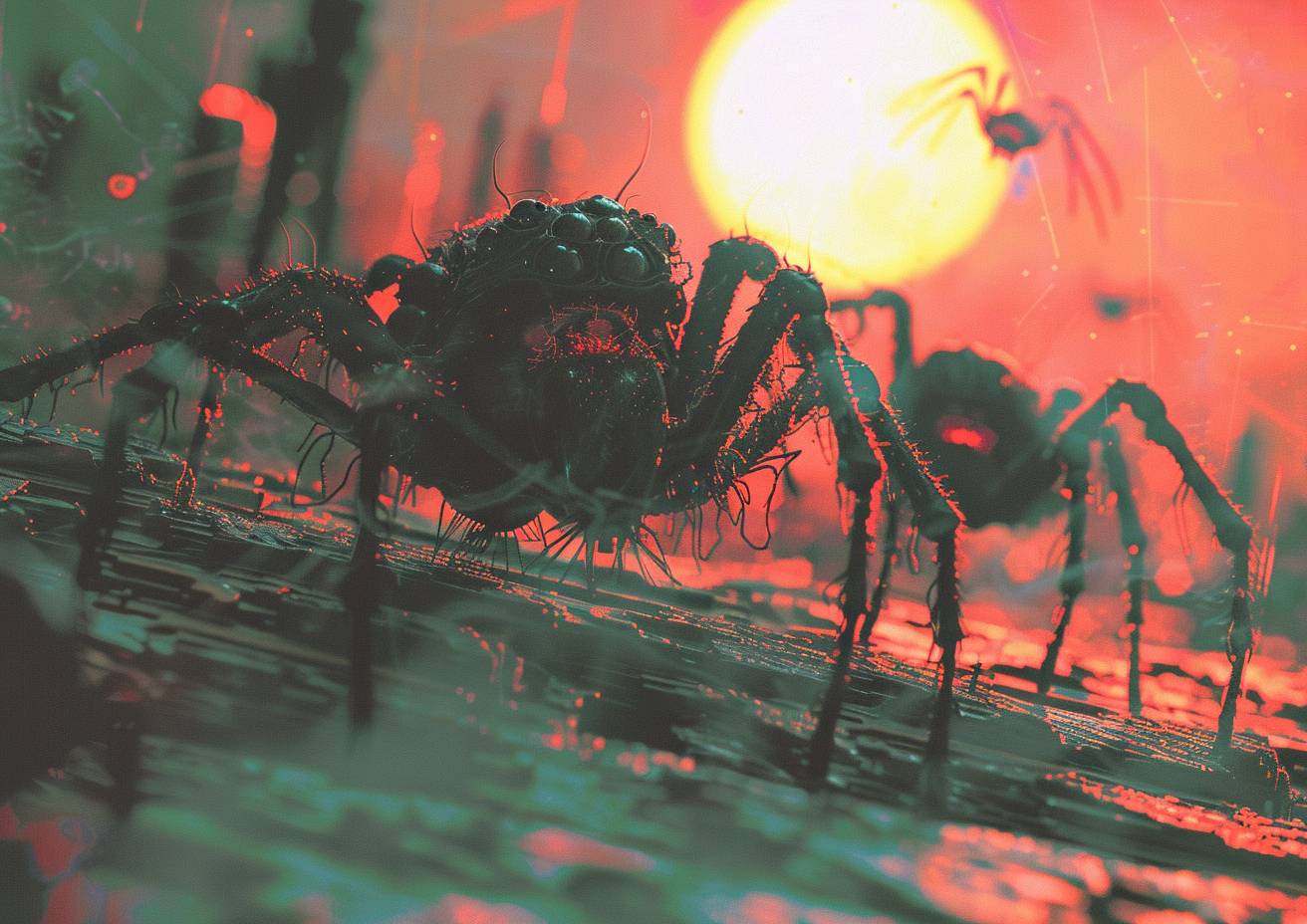 nightmarish black spiders swarm on Mars, in the style of ghastly glitchpunk, uranium glass, Incan city, strong visual flow