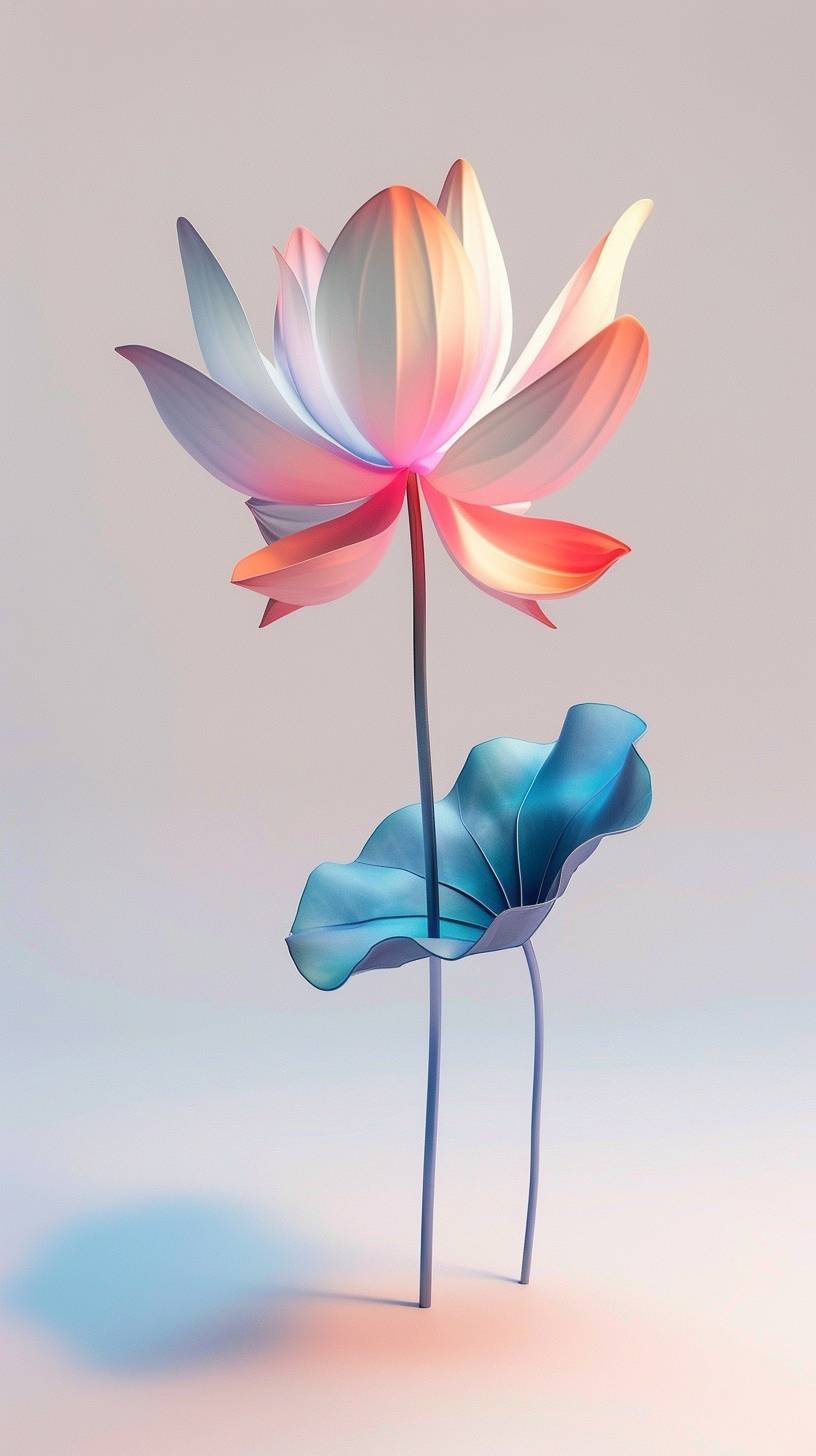 A 3D single botanical tall lotus flower plant art in pink to blue saturated color on a white background, in the style of minimalist sculpture, spotlight in the center, colorful woodcarvings, piles/stacks, colorful animation stills, majismo, fluid, organic forms, full f10 aperture --ar 9:16 --v 6.0