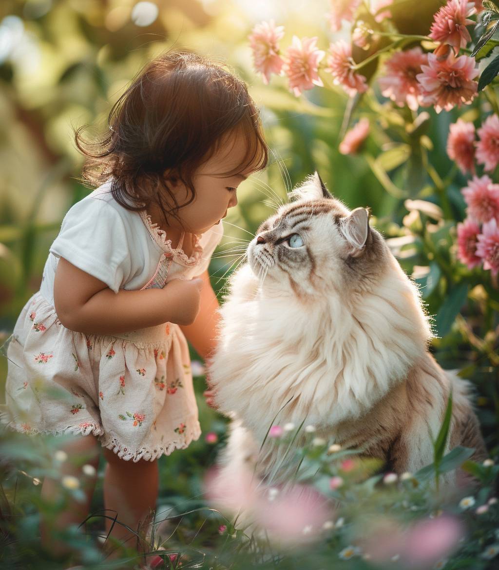 An adorable cute Asian baby wearing a short skirt, standing next to a huge longhaired fat Ragdoll cat with green eyes. The background is a beautiful garden full of flowers. It was shot in high definition using Canon EOS R5 cameras.