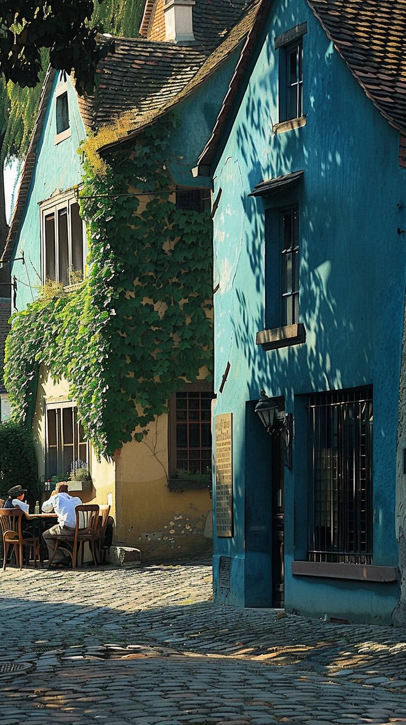 A charming European village with cobblestone streets and colorful houses. People are sitting at outdoor cafes, enjoying a sunny day. In the style of a travel postcard.