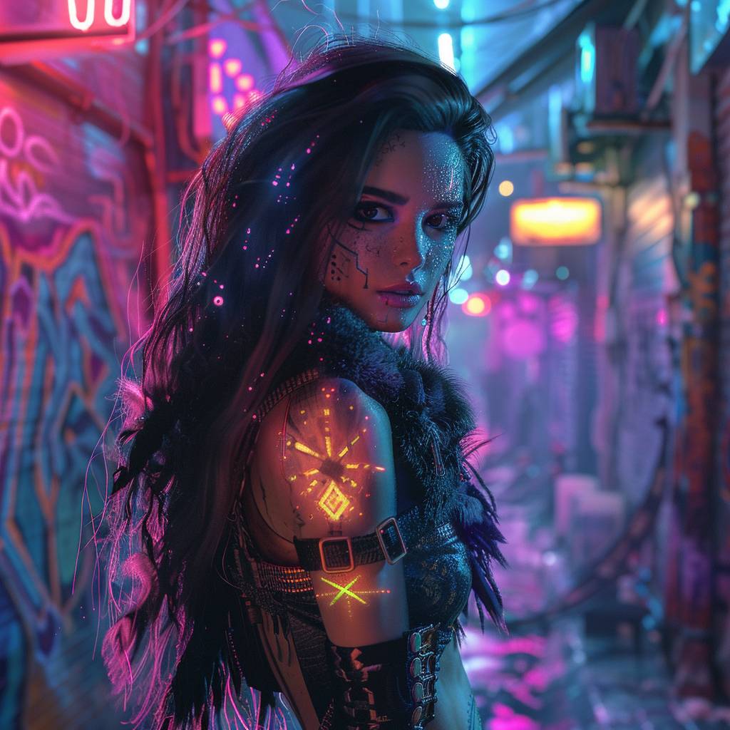 Urban Beast: Design a unique and edgy scene of a woman who is a powerful urban beast. Her body is covered in sleek, dark fur with glowing tribal tattoos that pulse with energy. Her eyes are bright and intense, and her hair is wild yet beautiful. She wears futuristic streetwear that highlights her muscular form. The background features a gritty, cyberpunk alley with graffiti and neon signs, blending the raw power of the beast with the beauty of the woman. Style=Edgy, Cyberpunk