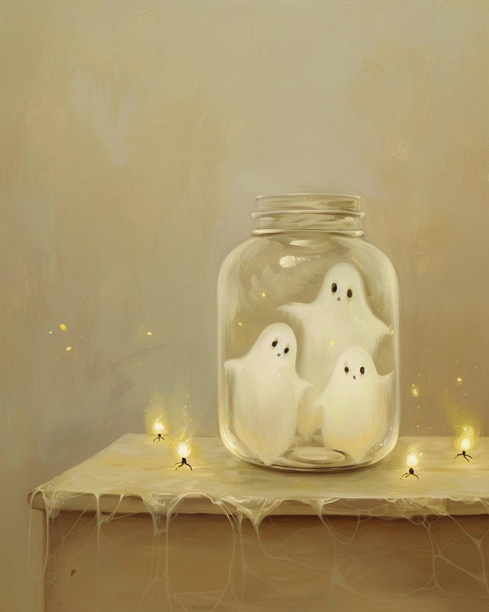 Minimalist oil painting fantasy style classic Victorian style oil painting of a clear jar with 3 cute white ghosts floating in the clear mason jar. There are glowing fireflies in the jar with the glowing white cute ghosts. Light beige background. Vintage American painting style. Minimalist.