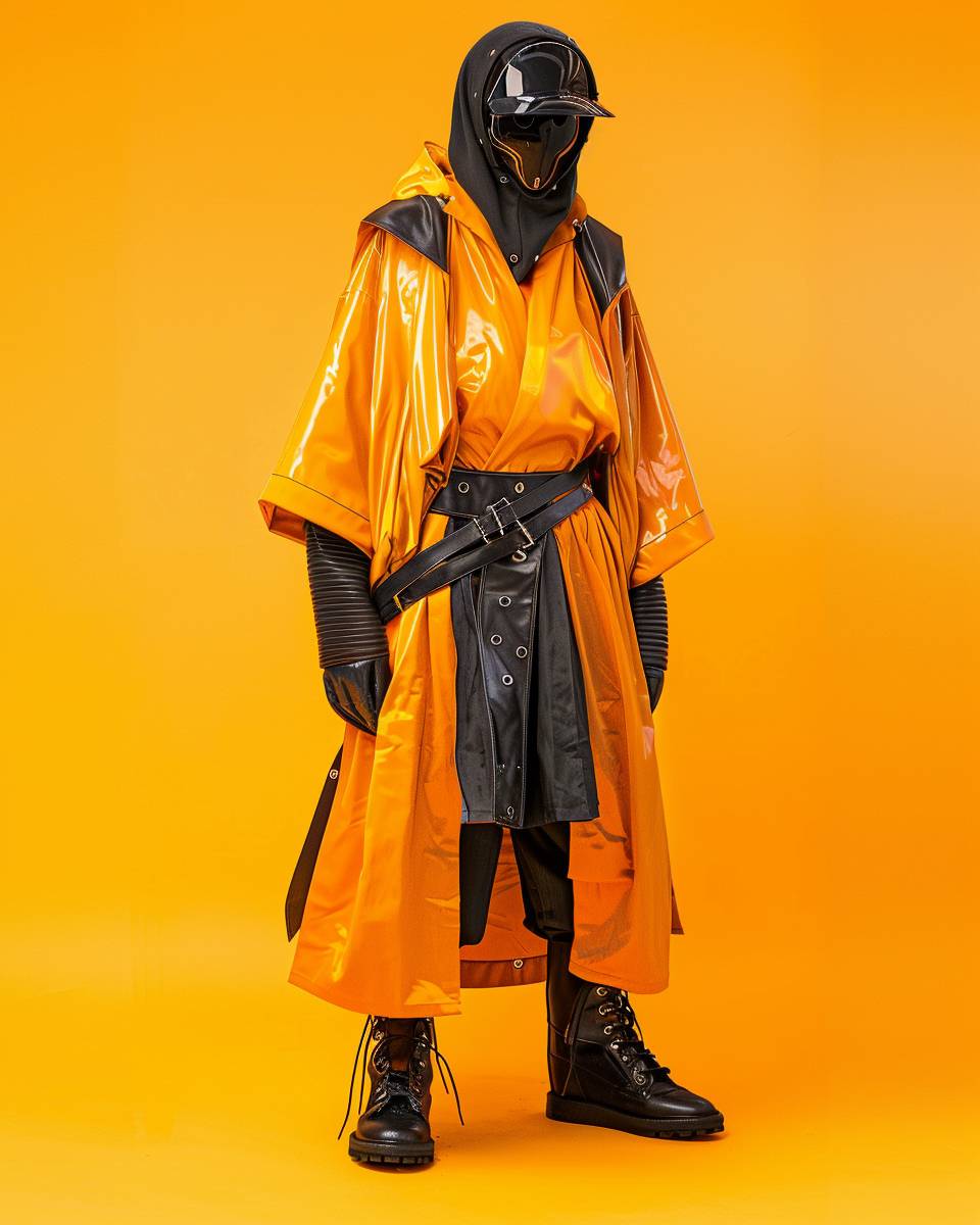 Fashion Portrait photography of a Jedi Knight from Star Wars dressed in avant-garde fashion, Medium shot, Canon EOS-1D X Mark III 4K, matte effect, orange monochrome studio background