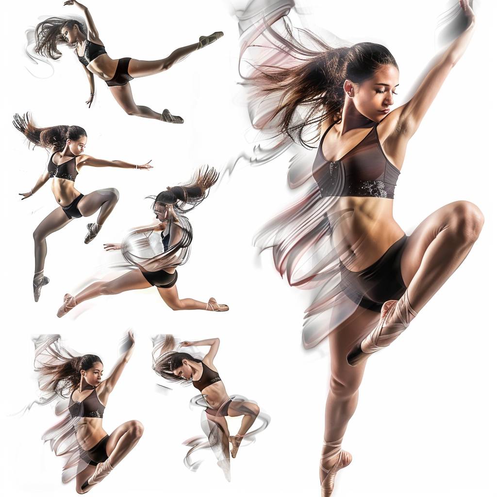 A ballet dancer leaping with multiple framed elongated blurred effects to convey speed by capturing different frames to show the progress through the air. on a clean white background.