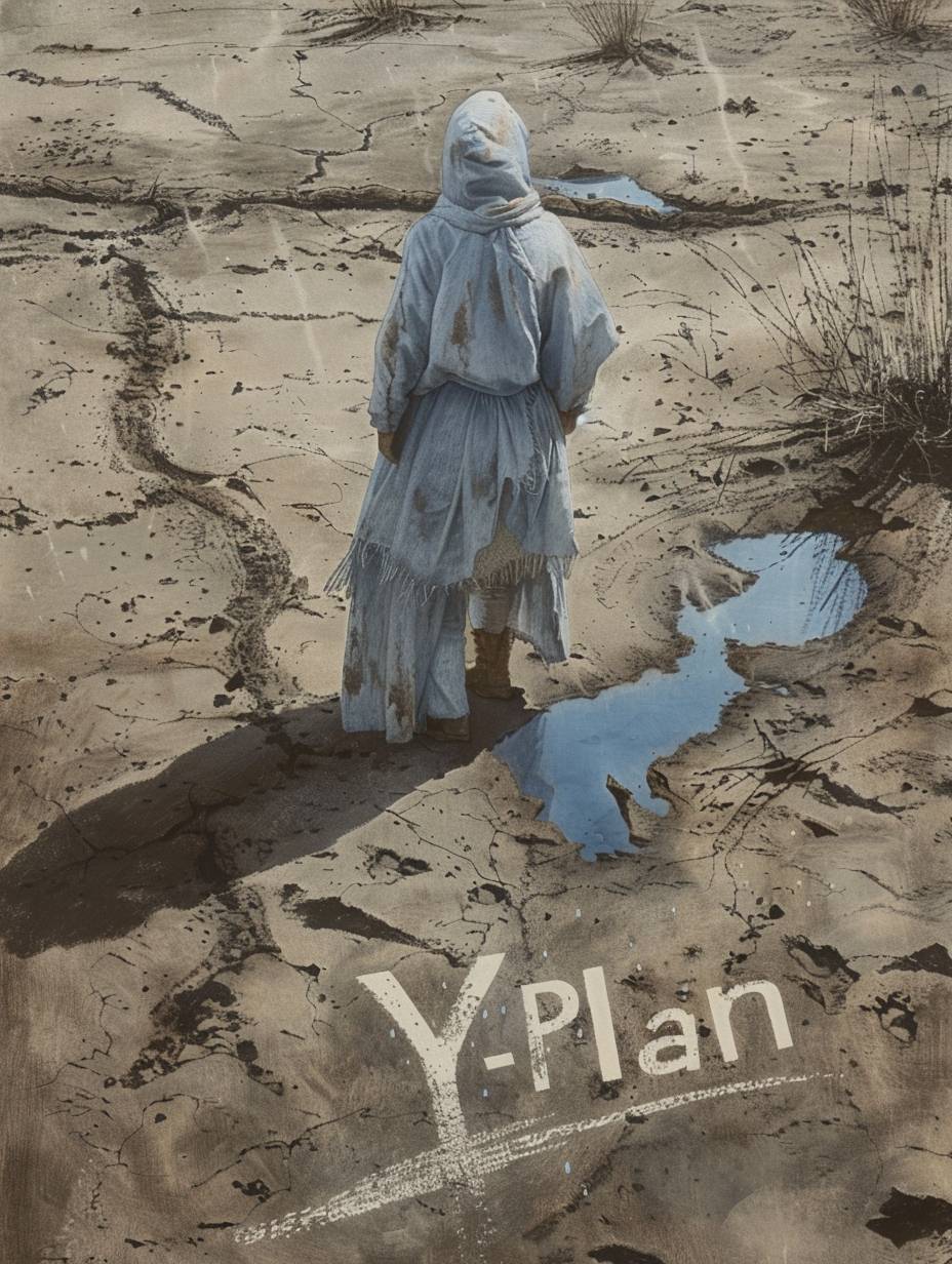 A woman dressed in frost-like gauze is walking in the hot desert. A close-up shot shows 'Y-Plan' written on the desert. There are traces of water on the ground she walked on. The details are clear and the depiction is realistic.