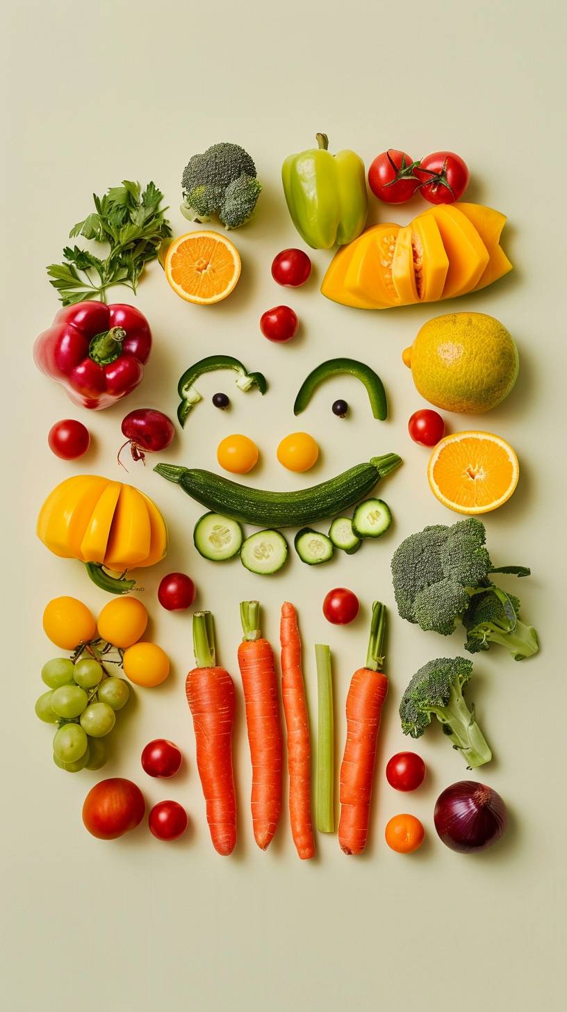 Knolling that creates a smiley face of fruit and vegetables, minimalist, pale yellow background