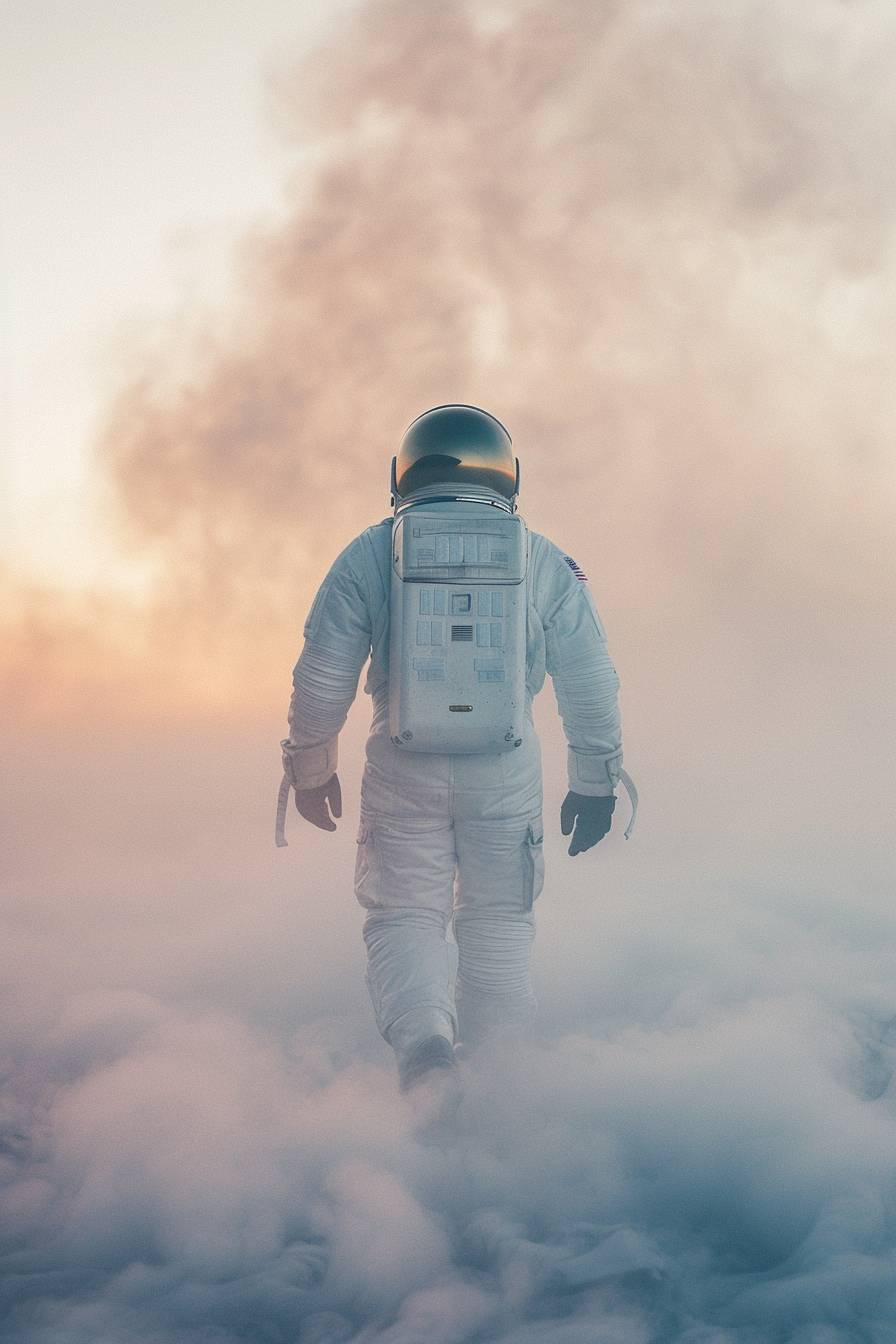 スペーススーツを着た宇宙飛行士が霧の中を歩く背面ビュー、ライトブルーとライトアンバーのスタイルで、シュールなファッション写真、写真インスタレーション、ライトホワイトとゴールド、ミニマリストな静物、印象的なパノラマ