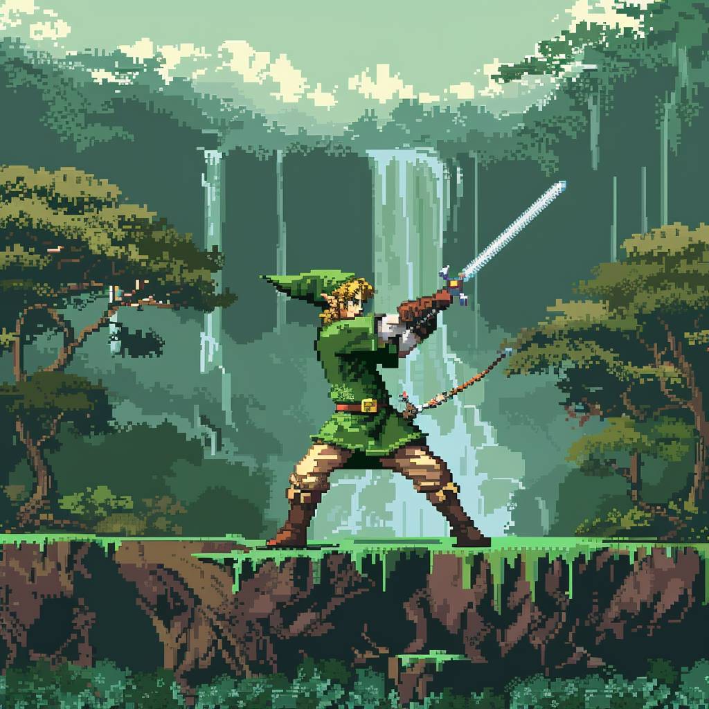 Link from The Legend of Zelda is depicted in pixel art style. He is shown doing martial arts with his sword raised above him in a ready to attack stance. The background is an enchanted forest with waterfalls. It has a green color palette, 8-bit video game graphics and a retro gaming aesthetic.
