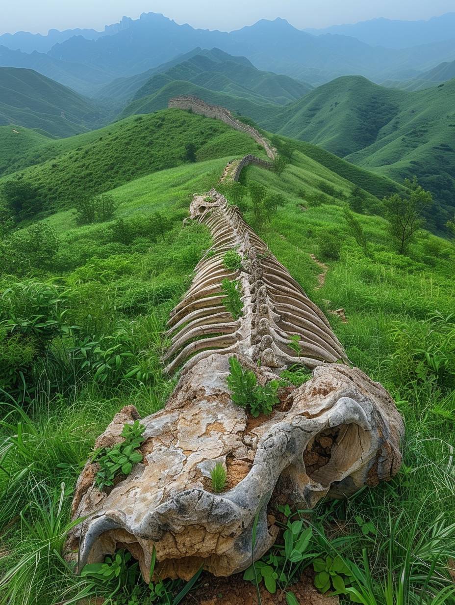 In the green mountains, there is an ancient giant whale skeleton fossil road in the grasslands near China's Song Dynasty Great Wall, with a long curved snake body lying on top and one half standing up. Photorealistic photos taken from a long distance with a super wide angle lens provide high definition photography of the skeleton in the style of the Song Dynasty period.