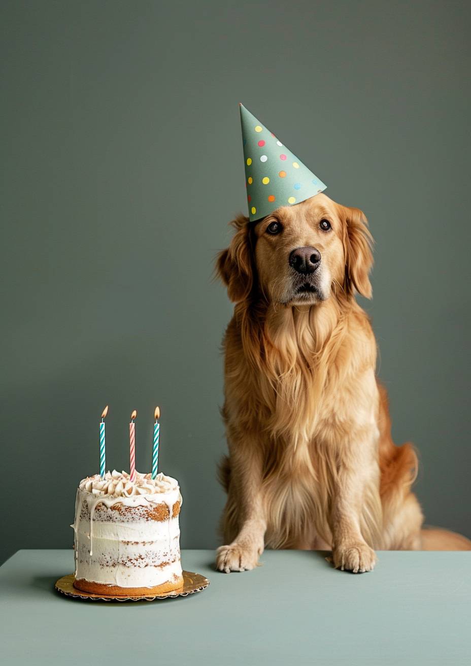 A dog with a party hat on its head sat next to a birthday cake, in a green background, simple and minimalistic design by rifle paper co.