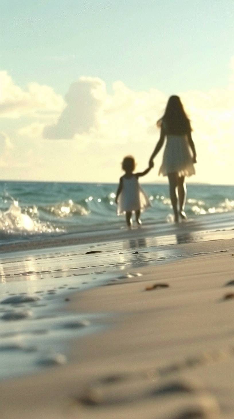 夕日の砂浜を手をつないで歩く母と子。波がゆっくりと足に触れ、平和な雰囲気を作り出す。夢見るような写真のスタイルで。