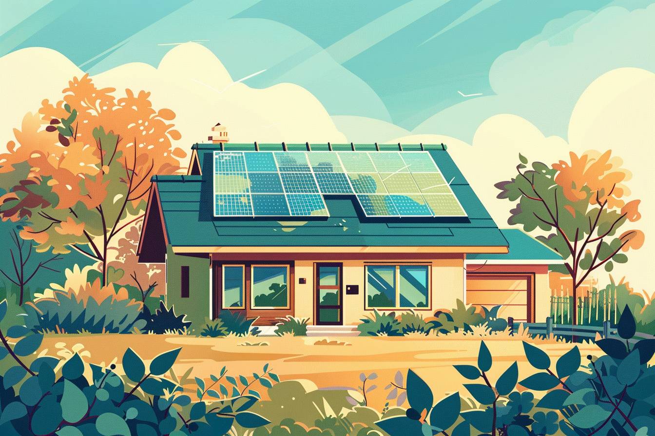 Illustration, simple, flat, minimal, composition, inspirational, motivational, house, ecological, sustainable, solar panels, savings, happy family – no detail realistic –, dominant colour green (reference #3ba88f). The rest: mainly pastel colors, fully filled picture surface --ar 3:2 --v 6.0