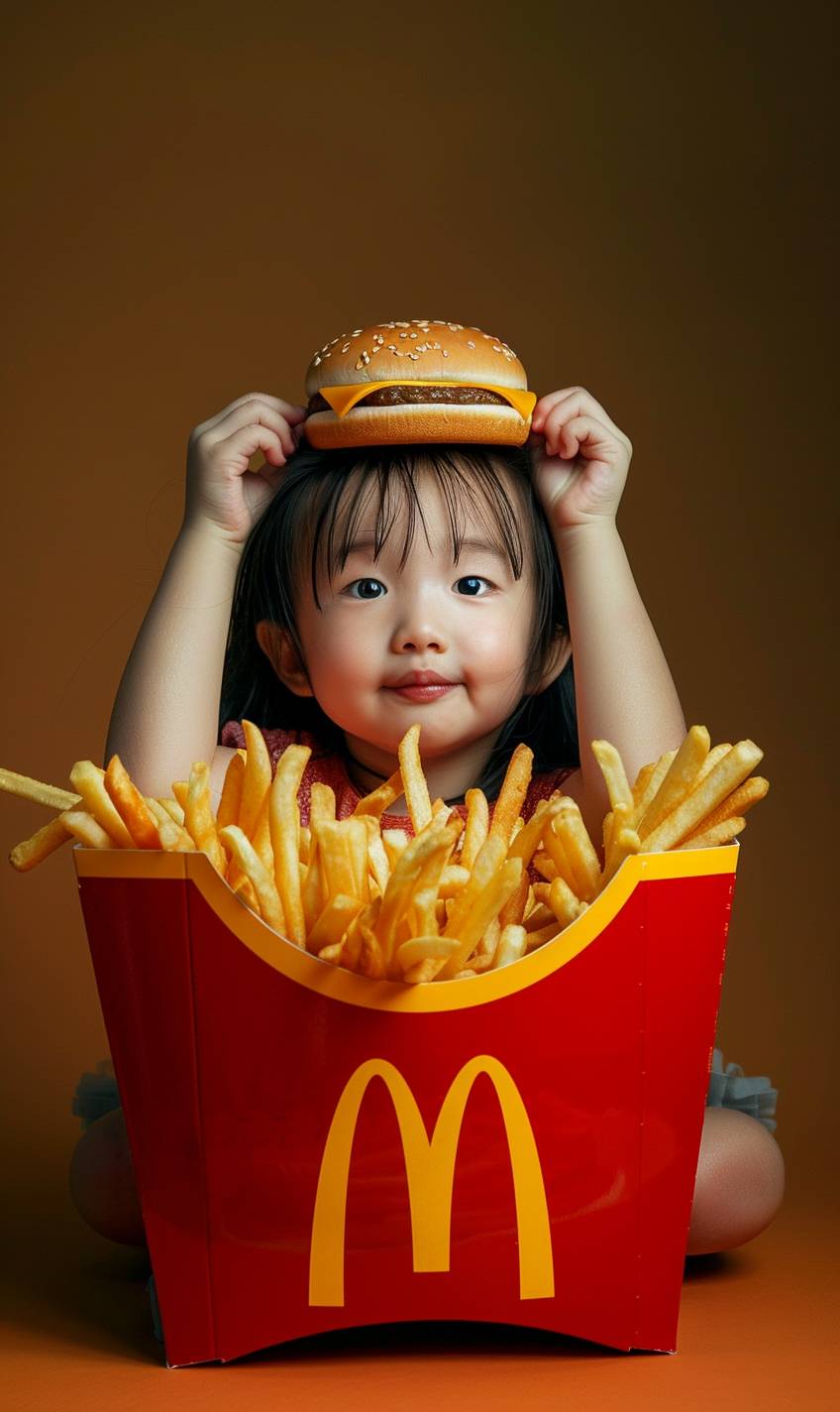 Real art photography, children's photo, a cute, wide-eyed 3-year-old girl sitting in a red box of McDonald's fries, With two burgers on each side of his head, a red lid open behind him, Chinese faces, With a cute, cute look on her face, hands clenched at her sides, With a playful character design and lively facial expressions in the style of photographic portraitures and advertising posters, the light orange and dark gray artwork has a kawaii art style.