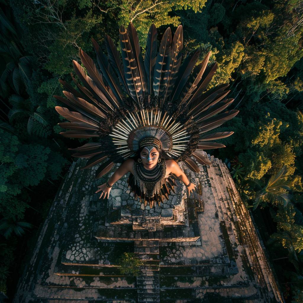 中南米のピラミッドの上に立つ先住民の女性の上からの広角ショットで、頭にたくさんの羽根がついたヘッドスカーフを身に着けており、まるで天然のダイアデムのように頭と一体化しており、攻撃の準備ができています。細かい部族のメイクをし、熱帯の密林にあるピラミッドの頂上に立っており、上からの視点で、光線が強く、葉が彼女の周りで渦巻いているような、異世界の生物のような光景で、ファンタジー映画のスタイルで、フォトリアルな写真で、Hasselblad h6d-400cで撮影され、ツァイスプライムレンズで撮影され、f/0.8のようなボケ効果があり、ティルトシフトレンズが使用されています。女性のヒーローポーズ、新モザイク、新シャーマニズム、幻覚的で心霊トランスアート、対称バランス、幻想的な機械、錬金術のシンボル、平穏な顔、美しく配色された、入り組んだ構図、デジタルで加工された、細かい野生動物。