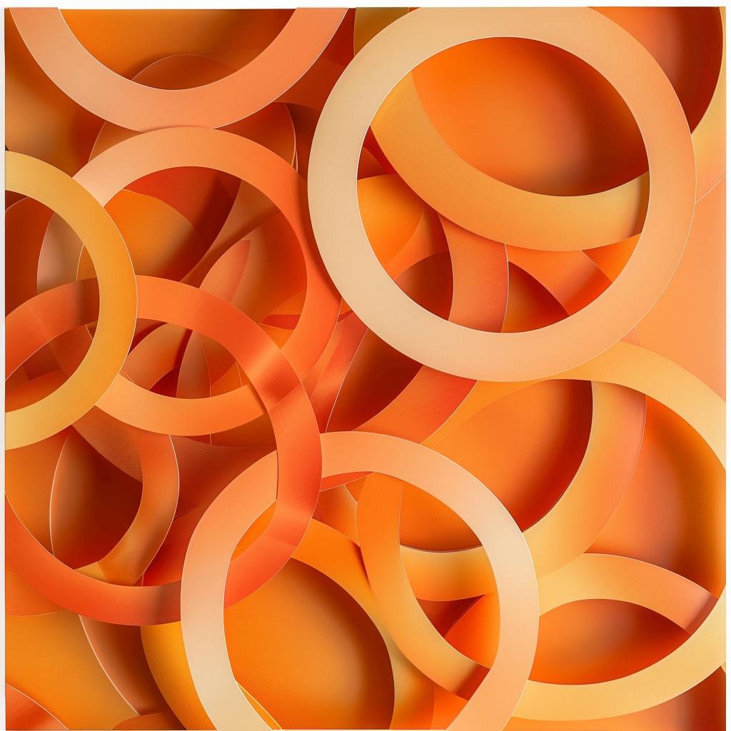 Modern interior design, geometric shapes, interlocking rings, monochromatic shades of orange, energetic and lively color scheme, evokes excitement and enthusiasm, abstract circular pattern, geometric overlap, clean edges, minimalist style, suitable for modern interior design, vibrant wall art, contemporary room accent, background for motivation and energy, illusion of depth by layered shapes, surface that radiates a sense of vitality and zest.