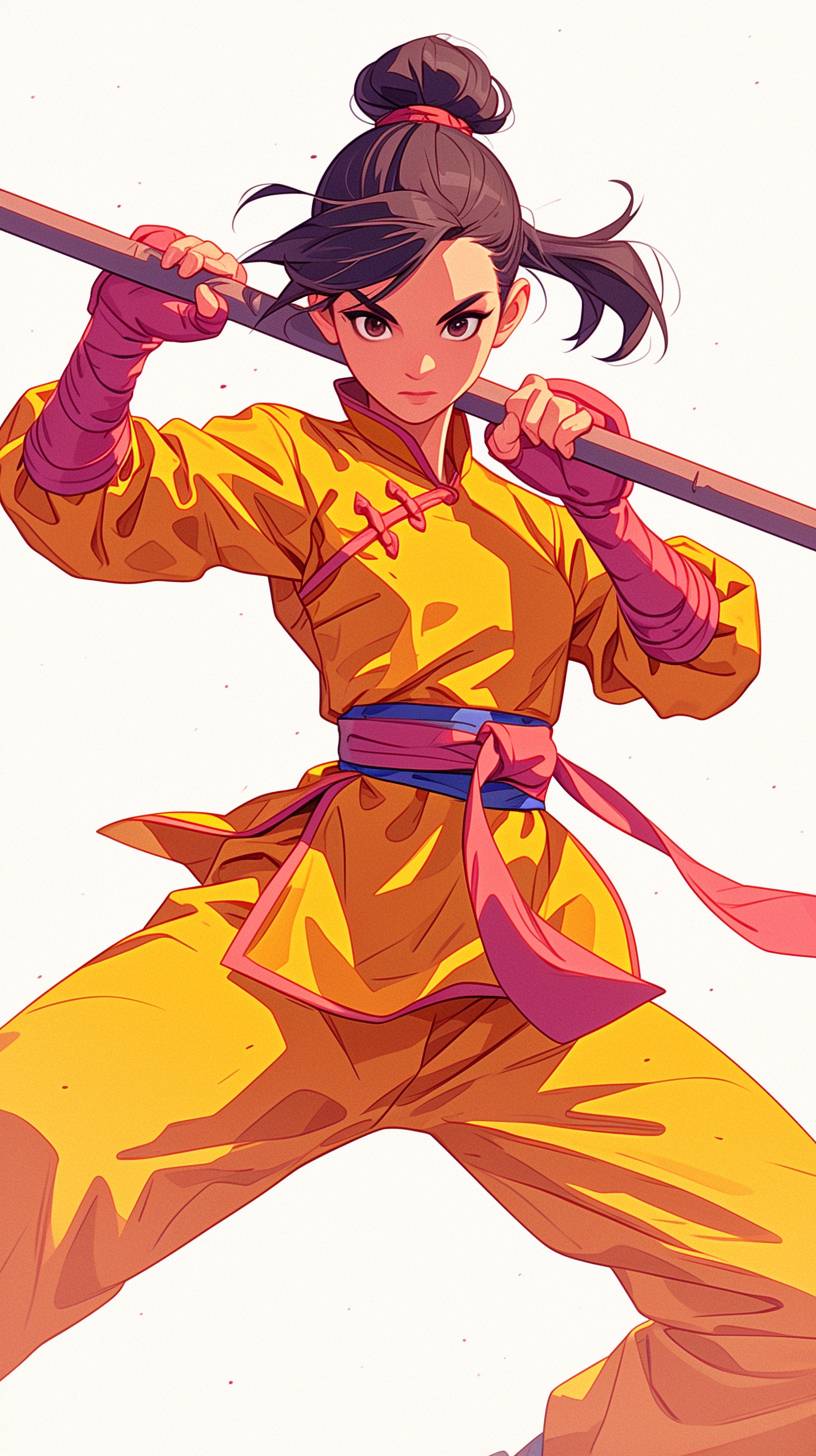 女性の戦神、ムーランは、棒を持って武道の練習をしています。背景は白色で、グラフィックデザインスタイル、ベクターイラスト、木版画スタイル、古代中国の色彩、太い線と単色のシンプルなディテール、ミニマリスト、HD、カートゥーン風