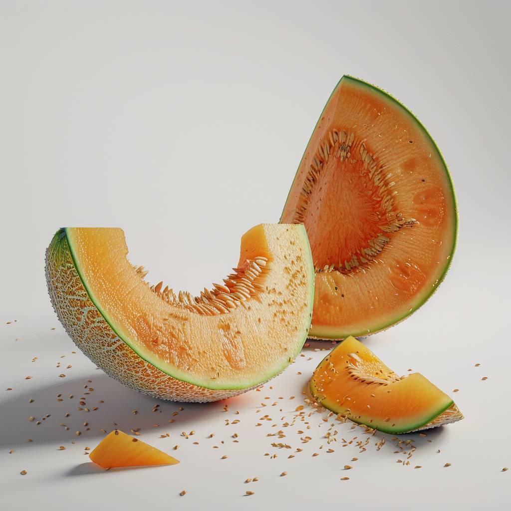 Hyper realistic photo of piel de sapo melon whole and slice, on white background