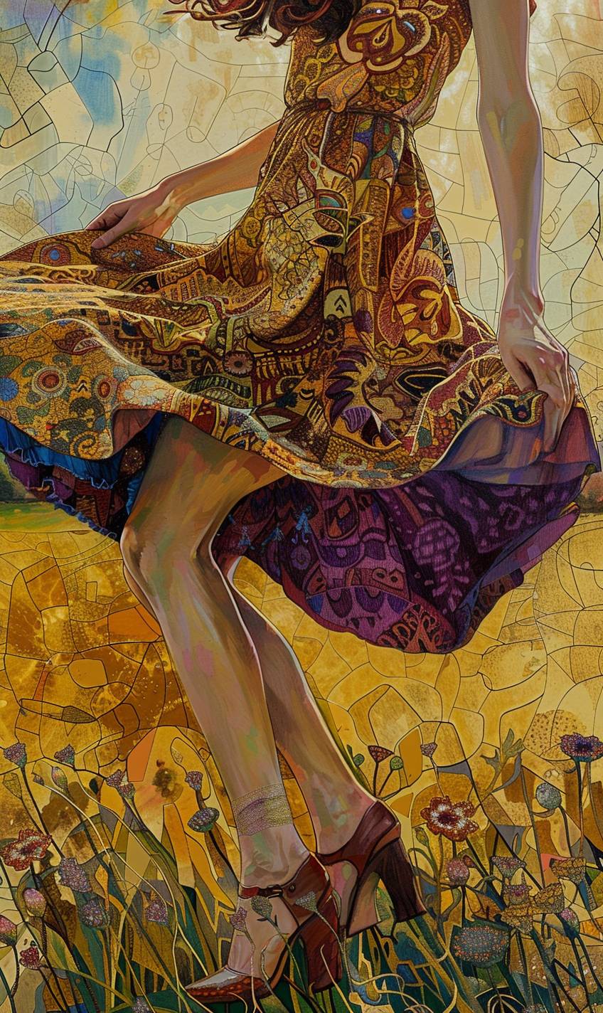 Feet out of frame, upper teeth only, looking to the side, pivoting, clenched hand, layered dress, midi, a-line skirts, mellow yellow, plum purple, paisley, batik, mary janes, puppy, gem, field, plant, swing, american lotus, sparkle, shadow