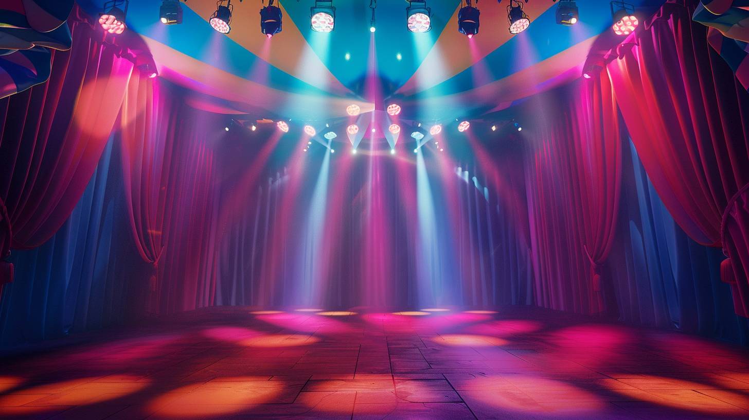 Circus stage, high quality, colorful colors, lighting, spotlights, promotional photos, illustration style, Japanese animation style