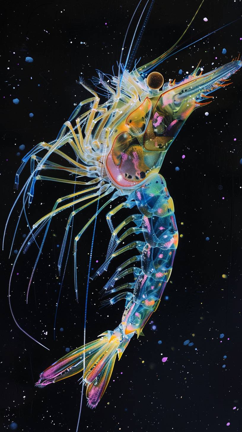 Sandro Botticelli's painting depicts transparent shrimp with colored fluorescent ink inside.