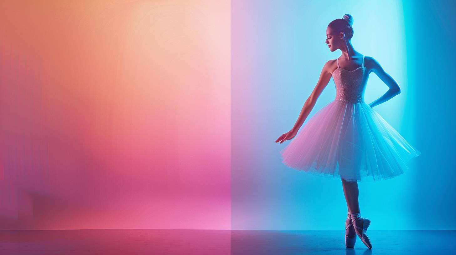 The left side of the image is empty, simple background, bright colors, high saturation, no text. No objects in the left side of the picture, all objects on right side of the picture. Graceful ballet dancer, gradient color background, photography settings --ar 16:9 --v 6.0.