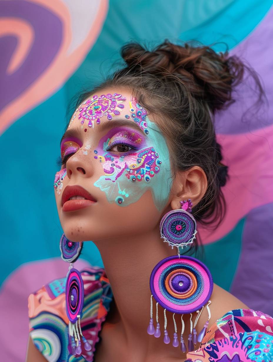 A beautiful girl with an intricate and colorful pattern on her face wears large earrings. Her style is reminiscent of Australian Aboriginal art. The background is abstract, with shades of purple, pink, and turquoise, creating a surreal atmosphere. Her makeup features pastel eyeshadow.