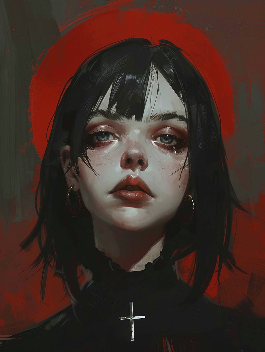 Mikropoppy, in the style of Phil Noto, gothic darkness, Yanjun Cheng, faith-inspired art, Clamp, shiny eyes, religious themes