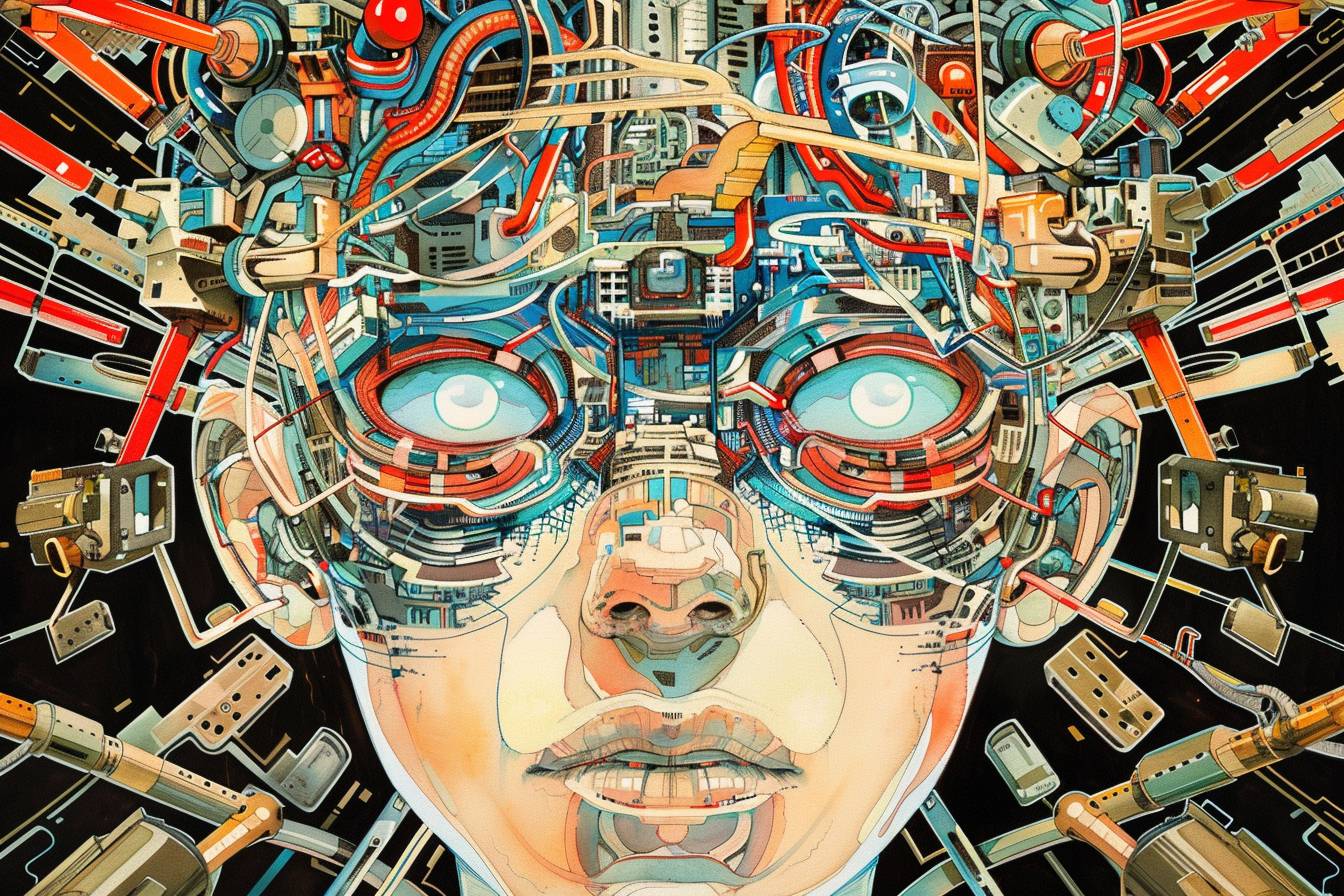 Takeshi Obata's colorful illustration depicts a complex cyberpunk mega-mind. Symmetrical composition--stylize 75--v 6.0--ar 3:2--relax