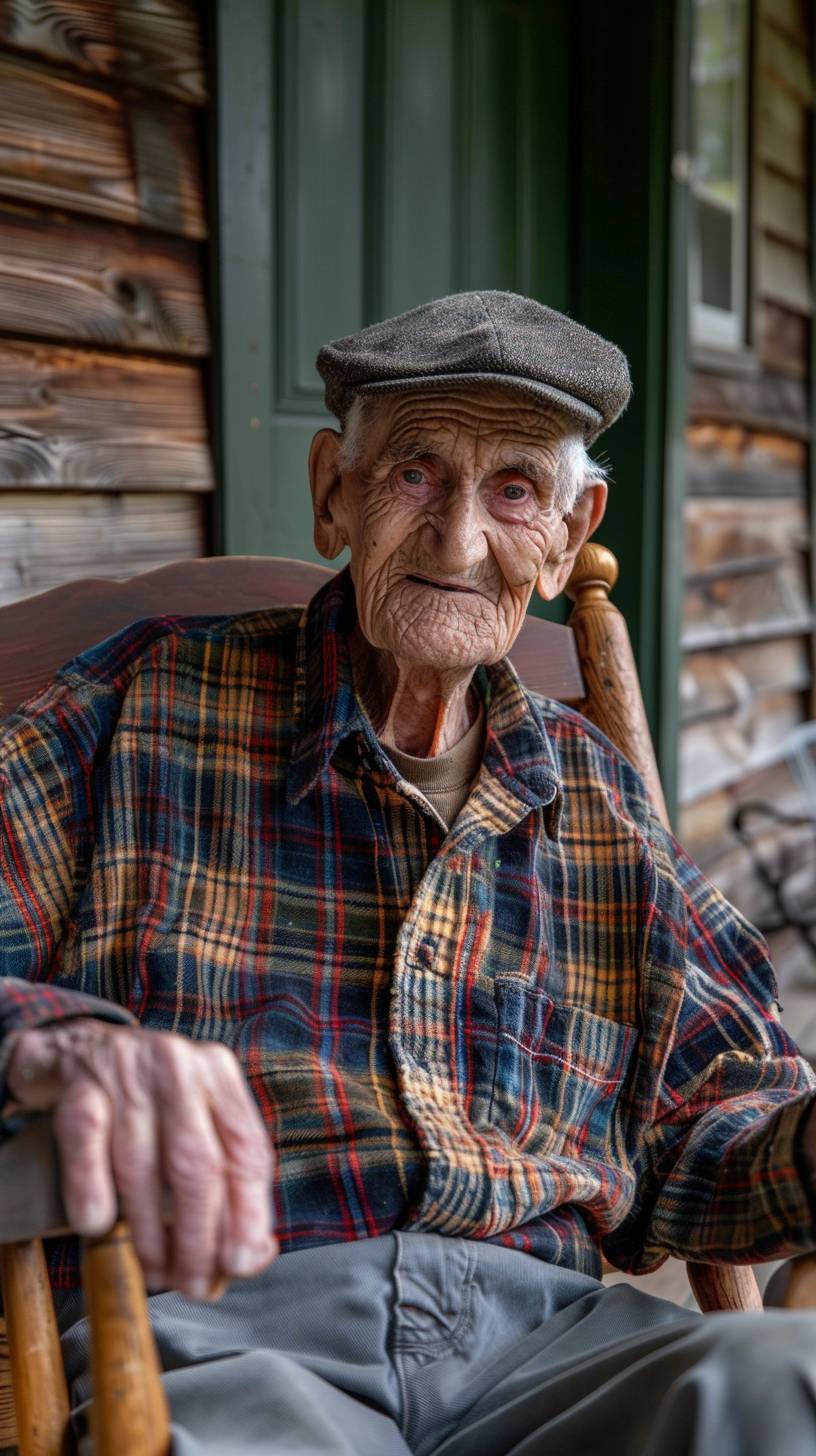 風化した顔立ちの優しい笑顔の老人が、ツイード帽とチェック柄のフランネルシャツを着て、木製のポーチのロッキングチェアに座っています。