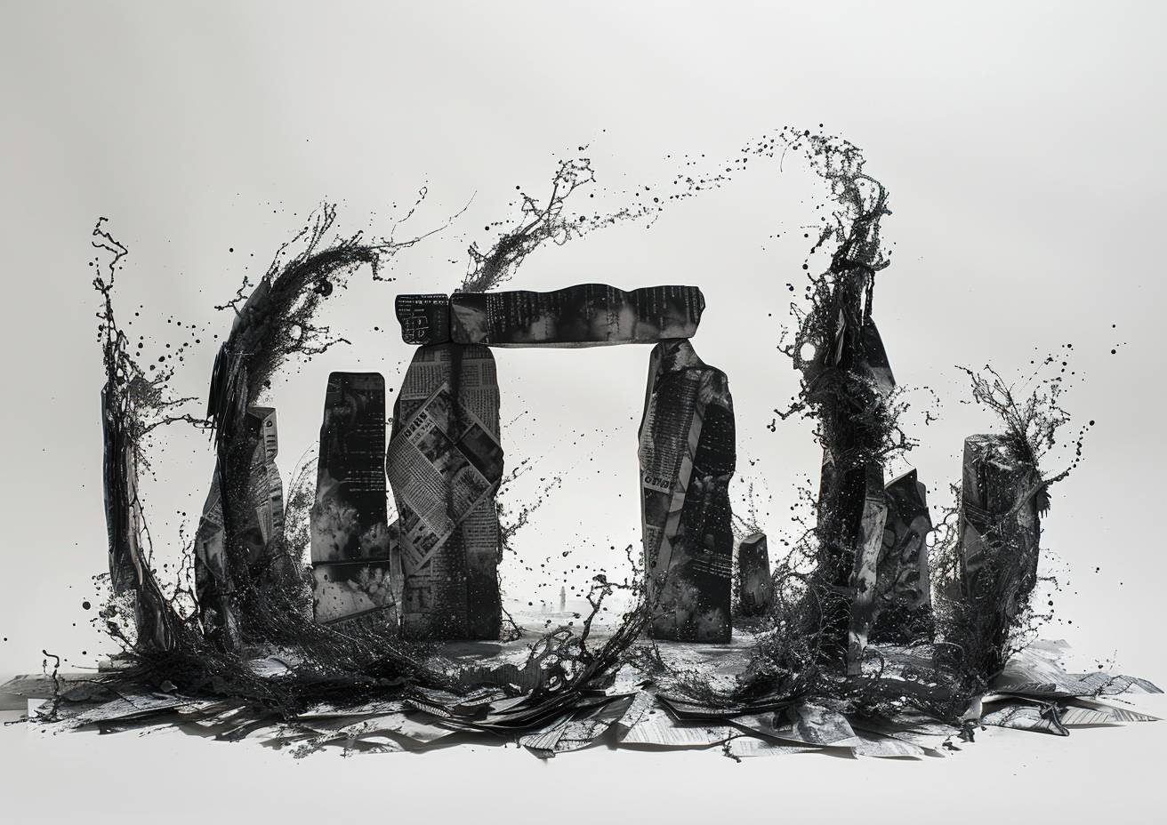 Chinese ink fusion, an intricate paper cutout of a neolithic stone henge in silhouette, made from torn strips of magazine, northern lights unexpected alchemical reaction, wild graffiti swirls, strong visual flow