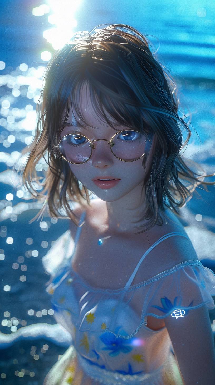 A mesmerizing 3D anime render of a fashionable girl standing on a serene night beach. The gentle waves caress the shoreline as they reflect the moonlit sky. She is dressed in a semi-transparent white sundress, adorned with delicate blue and yellow flower patterns. She wears thin-framed glasses that blend fashion and technology, and her captivating eyes reflect the soft glow of the surrounding environment. The dreamy bokeh effect in the background creates a depth blur, enhancing the atmospheric quality of the scene. This enchanting image seamlessly combines elements of fashion, anime, and portrait photography to create a visually stunning and captivating work of art. The cinematic feel and vibrant colors make this a truly captivating scene.