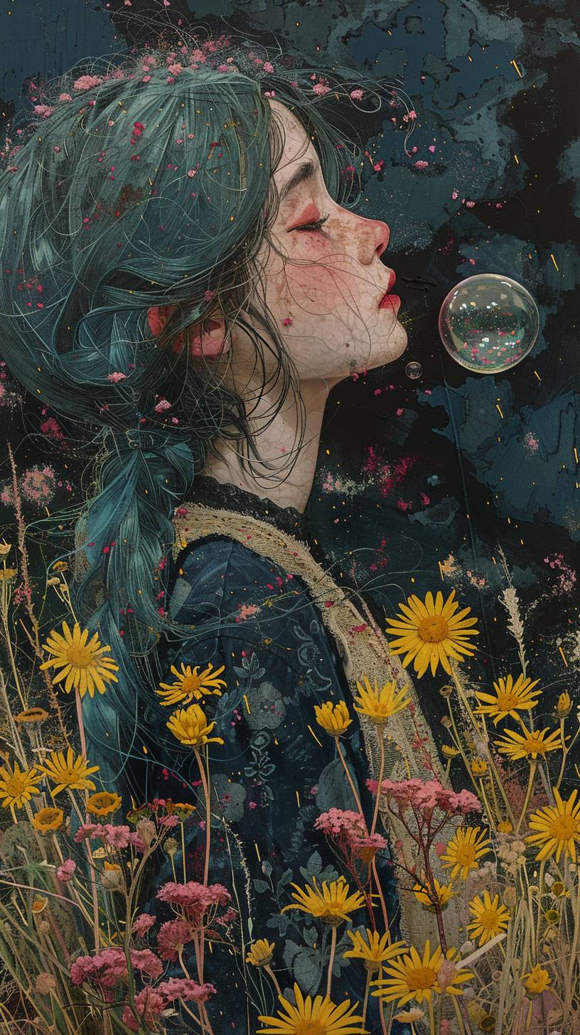 黄色い花々の中で泡を吹いている青髪の女性。薄いピンク色の雲。暗い影。ゴヤによって描かれました。