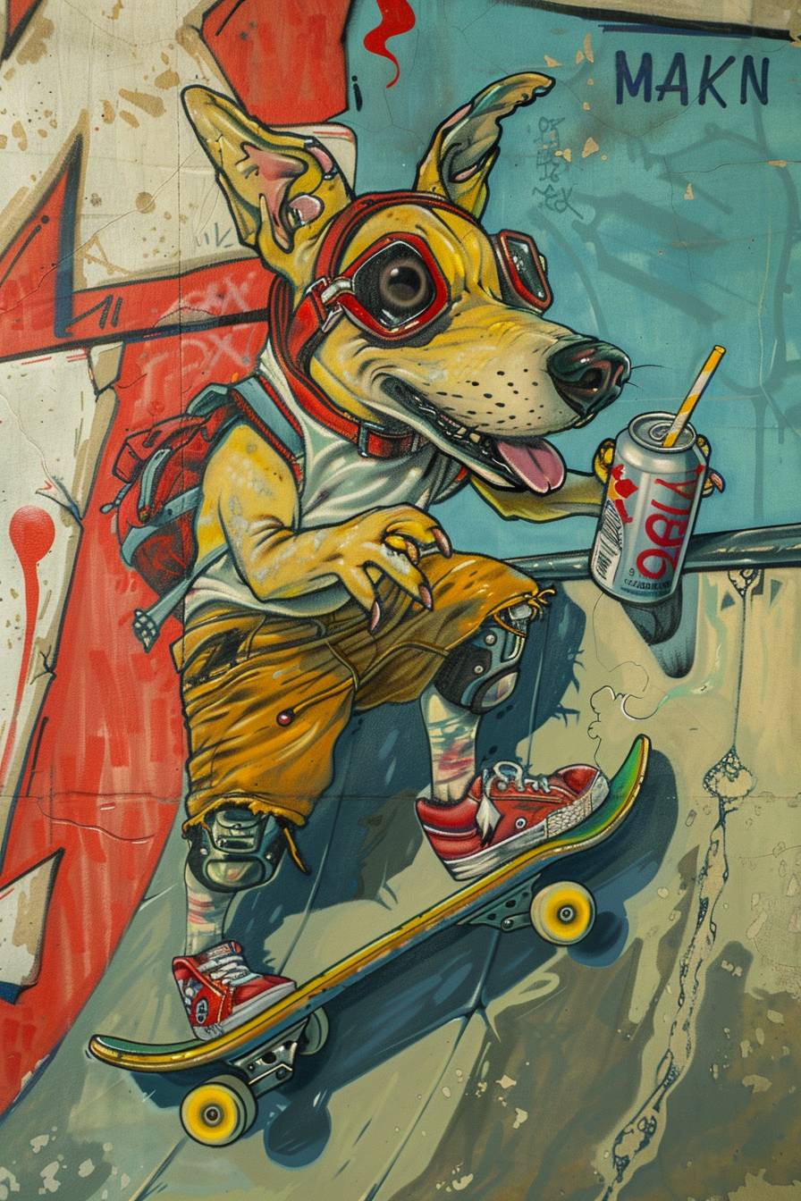 An old school American tattoo design featuring an anthropomorphic punk rock dog character skateboarding in an outdoor skate park while drinking from a soda can with a straw, in the style of Kenny Scharf, urban landscape, Stephen Ormandy, grotesque caricatures, punk rock, goth, surreal symbolism, Steve Sack, Salvador Dali, Surreal, Street art, graffiti, bright sunny day, 'MAKN' script calligraphy in the sky