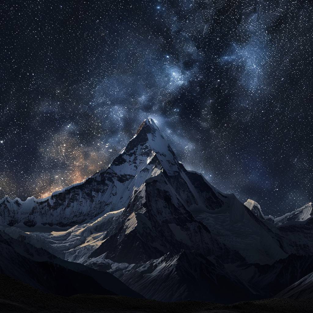 A majestic mountain range under a star-filled night sky, creating a serene and awe-inspiring scene. The mountain's sharp, rugged edges are silhouetted against the dense blanket of stars, illustrating the contrast between the enduring solidity of earth and the vast expanse of the cosmos.