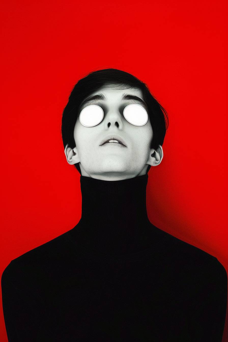 A surreal portrait of a minimalistic man with two white glowing eyes and long thin eyelashes, wearing a black turtleneck and posing in front of a red background.